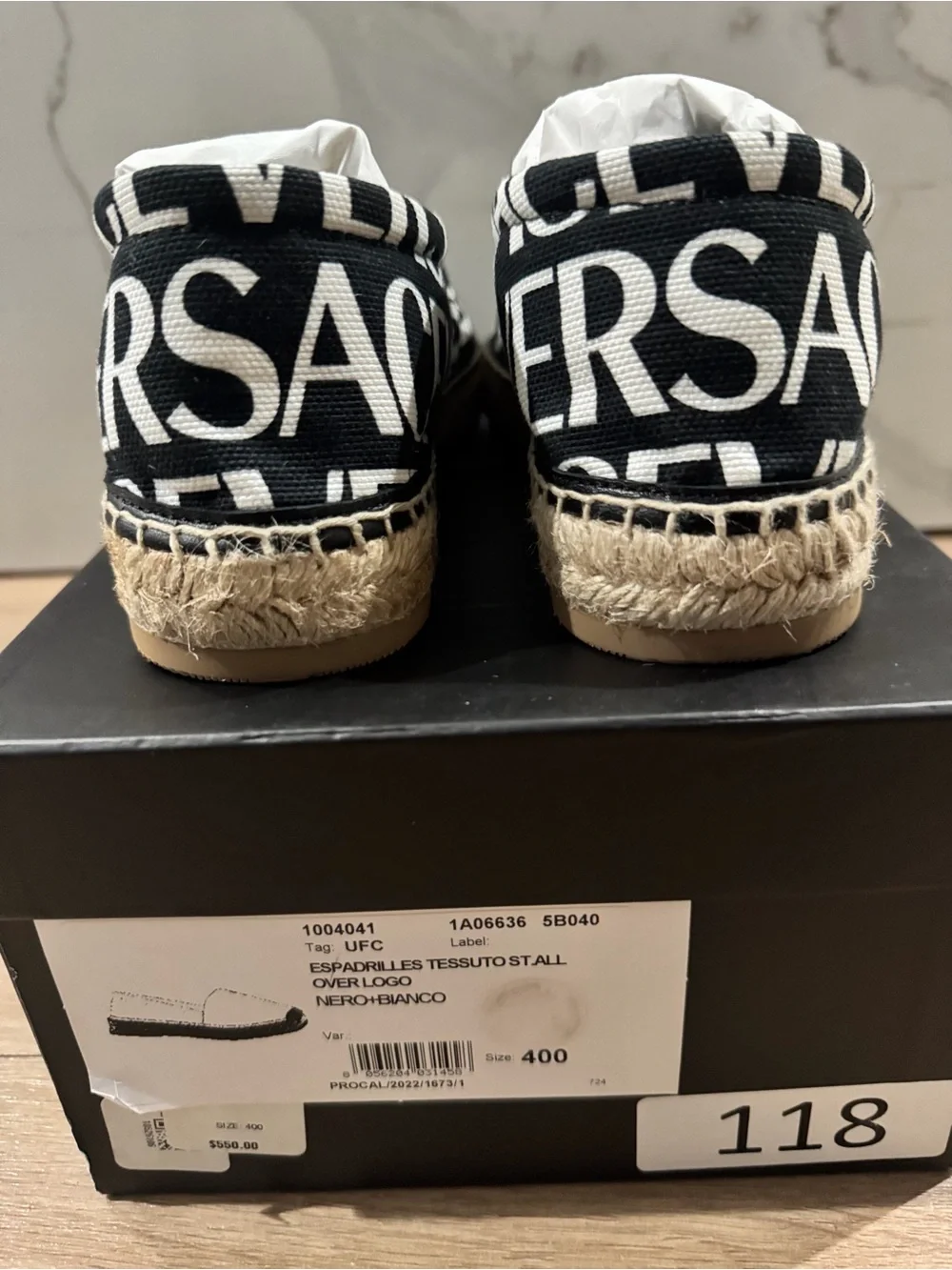 Versace Black and White Logo Espadrille Flats